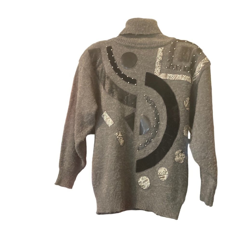 Women's Vintage Tall Collection Grey Turtleneck Sweater Medium Embellished AS IS